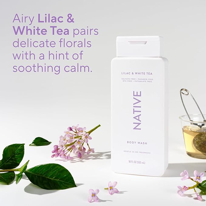 Native Body Wash Contains Naturally Derived Ingredients | For Women & Men, Sulfate, Paraben, & Dye Free Leaving Skin Soft and Hydrating | Lilac & White Tea 18 oz