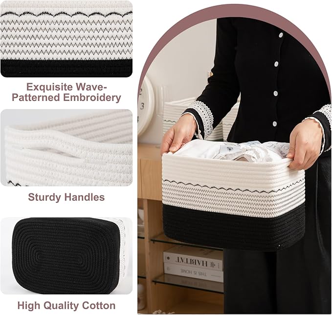 4 Pack Storage Baskets for Organizing, 13"X9"X7.87", Decorative Cotton Rope Baskets for Shelves, Small Woven Basket for Toys, Books and Towels, Black & White