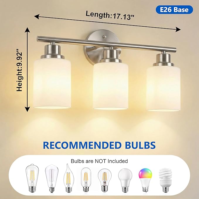 Unicozin 3 Light Bathroom Light Fixtures, Modern Vanity Lights with Milky Glass Shade, Brushed Nickel Wall Lamp Over Mirror for Bathroom, Living Room, Cabinet, Bedroom, E26 Base