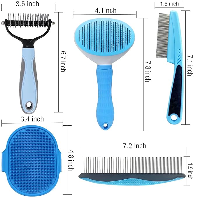 5-in-1 Pet Grooming Kit with Self-Cleaning Slicker Brush for Dogs & Cats, Includes Undercoat Rake, Dematting Comb, Fine-Tooth Flea Comb, and Massage Bath Brush - Complete Grooming Solution