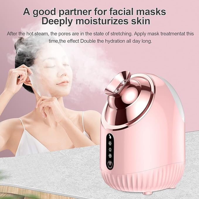 Facial Steamer - Nano Ionic Facial Steamer with Cold&Warm&Hot Mist,240ml Large Water Tank,Small Face Humidifier, Pink