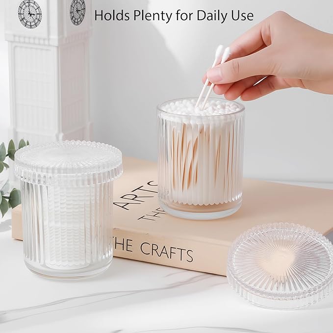 rejomiik Glass Qtip Holder Dispenser, Bathroom Canister Apothecary Jars with Lids, Vanity Makeup Accessories Storage Organizer for Cotton Swabs, Cotton Balls, Pads, Floss Picks, Clear