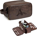 Janhavi Large Toiletry Bag For Men Waterproof, Groomsmen Gifts Personalized Leather Engraved Initials & Mountain, Mens Toiletry Travel Bag, Birthday Gifts For Men, Travel Tssentials (Dark Brown A)