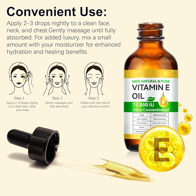 Pure Vitamin E Oil, 75,000 IU Ultra Concentrated & Natural for Stretch Mark/Scars Treatment, Smoothing & Moisturizing Skin & Hair & Cuticles, Cold Pressed/Hexane Free/Non-GMO, 60ML/2Fl Oz