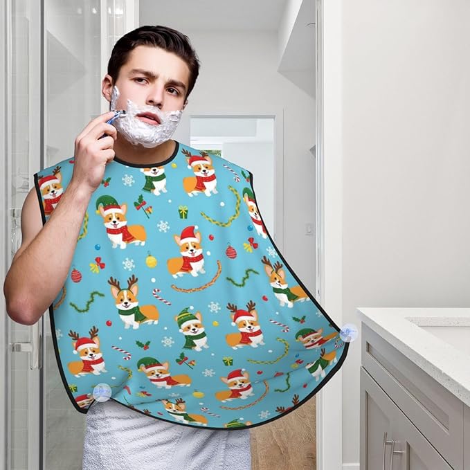 Beard Bib with 3 Suction Cups, Non-Stick Waterproof Hair Catcher Apron, Men's Shaving Essential for Grooming, Christmas Corgi Dog Blue Shave Bib