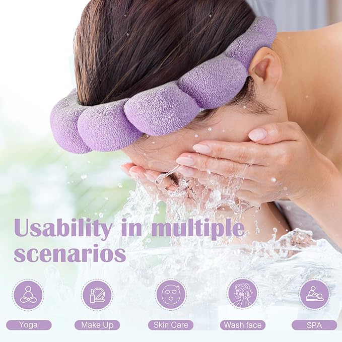 Spa Headbands, Set of 2, Terry Cloth Headband for Washing Face or Facial, Puffy Makeup Headbands for Face Washing, Mask, Beige + Purple (1 Beige & 1 Purple Combo Pack)
