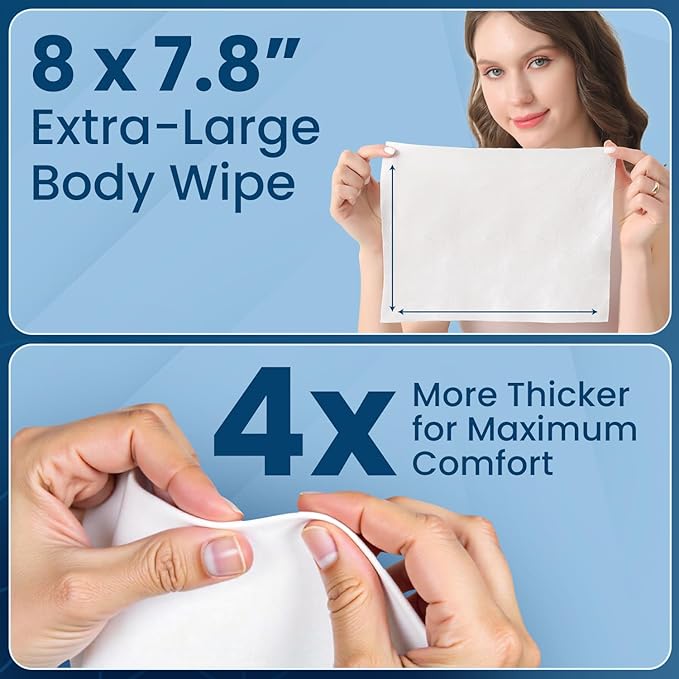 Ultra Thick Shower & Bathing Wipes | Shower & Bath Alternative | Body Wipes for Adults Bathing No Rinse | Microwavable with Aloe & Vitamin E | 20 Packs - 200