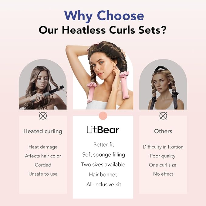 LitBear Heatless Curls Overnight, 2 Sizes of Soft Hair Rollers for Women with Bonnet to Sleep In, No Heat Hair Curlers Set with Scrunchies and Clips, for Long and Medium Hair (Pink)