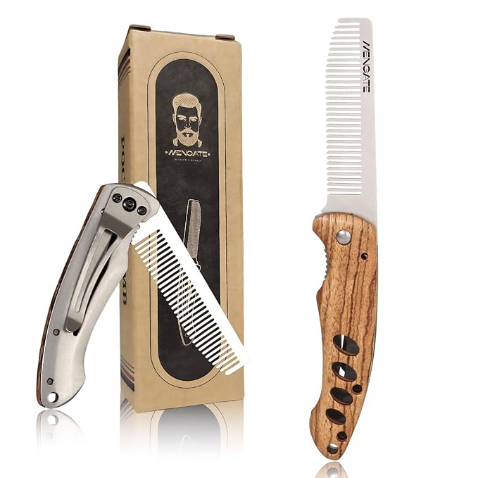 1PC Small Folding Pocket Beard & Mustache & Hair Styling Comb for Men - Metal Tactical Grooming Tool with Wooden Handle, with 180° Rotatable for Outdoor Travel & Home Use - Length 6.57inch