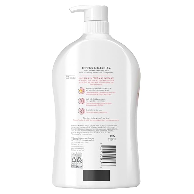 Olay Body Wash for Women, Fresh Radiance, Refreshing & Renewing, Made with Plant Based Cleansers, B3 Botanical Complex, For All Skin Types, Watermelon & Agave Scent, 33 fl oz (Pack of 4)