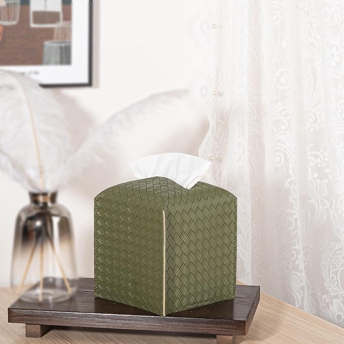 Tissue Box Cover PU Leather Tissue Holder Square Facial Tissue Case Facial Paper Organizer Dispenser for Bathroom, Vanity Countertop, Tabletop, Car, Olive Green