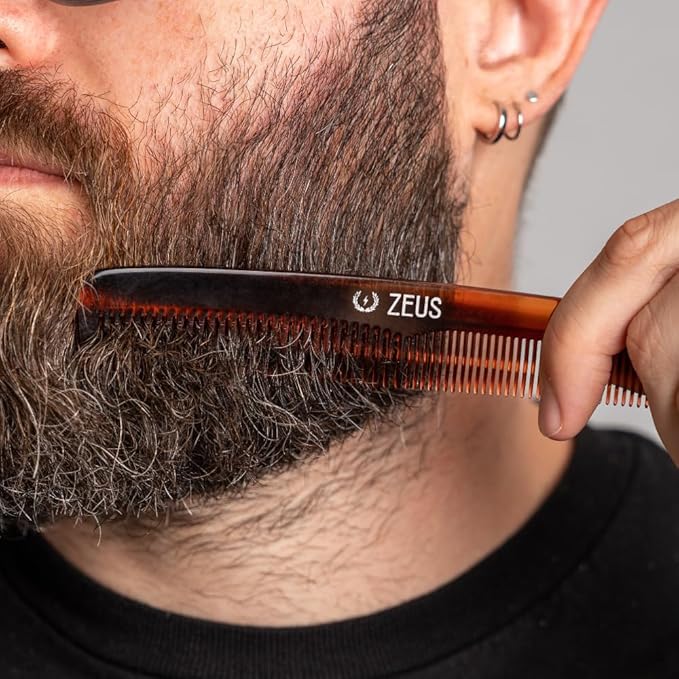 ZEUS Beard & Mustache Comb for Men, Handmade Saw-Cut Hair Comb for Untangling & Styling Beard (Tortoiseshell) V12