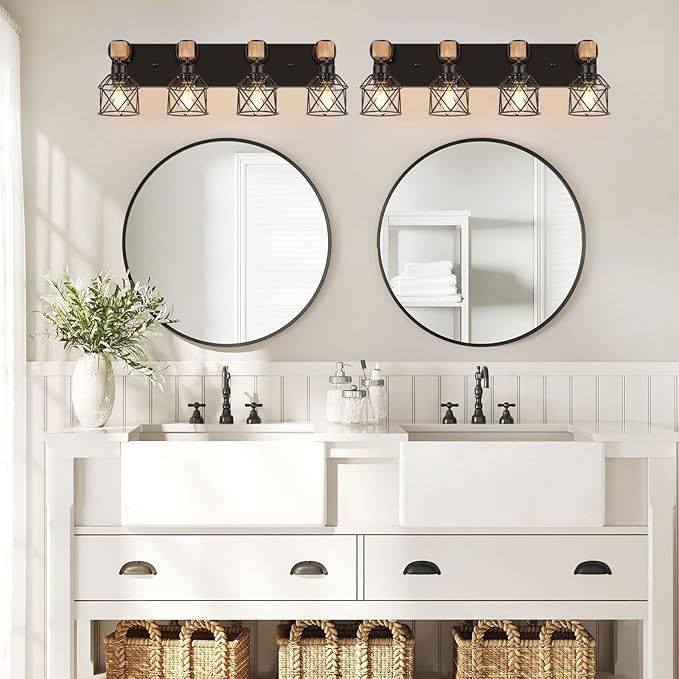 FadimiKoo 4-Light Rustic Style Wood Bathroom Vanity Light Fixtures, Black Bathroom Lighting with Cage Metal Shade, Farmhouse Wall Sconces for Hallway, Bedroom, Dressing Table