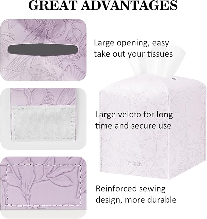 Tissue Box Holder Cover Square Tissue Cube Cover PU Leather Tissue Organizer with Bottom Belt for Bathroom, Tabletop, Kitchen, Night Stands, Office, Home, Car (2, Lightpurple)