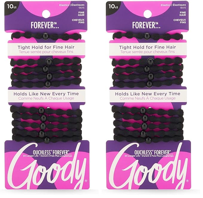 Goody Forever Ouchless Elastic Fine_Hair Tie, Black - 4MM for Fine_Hair - Hair_Accessories for_Women and Girls - Perfect for_Long Lasting Braids, Ponytails and More- 10 Count (Pack of 2)