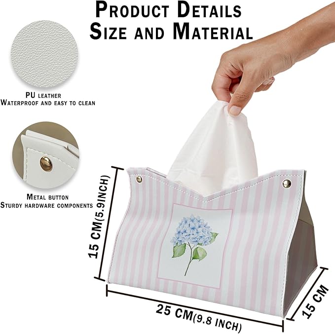 Pink Blue Hydrangea Tissue Box Cover Rectangle, Blue Flroal Tissue Box Holder Leather Facial Paper Case Large, Blue Spring Decorative Organizer Holder for Kitchen Bathroom Home 9.8x5.9x5.9