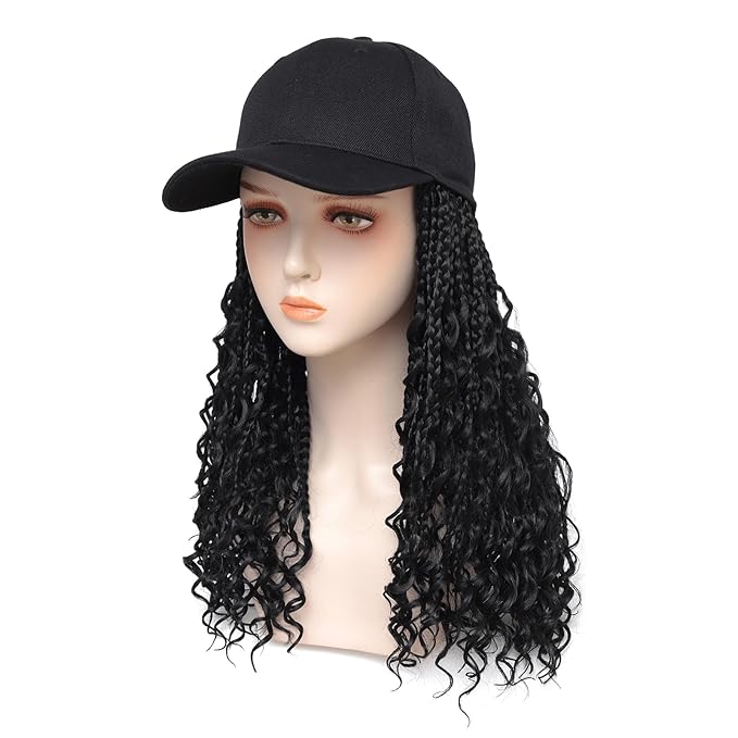 GUOJIAN Goddess Box Braiding Baseball Cap Wig Bohemian Curly Ends Box Braids Hat with Braided Hair Extensions for Black White Women Synthetic Braids Hat Wig with Hair Attached (16inch, 1B)