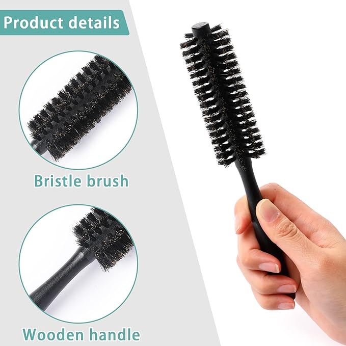 Mozeat Lens Boar Bristle Round Hair Brush, Hair Brush for Women & Men's Short Fine Hair, Beard, Natural Wooden Handle, Travel Size, 21cm(8.26in), Black