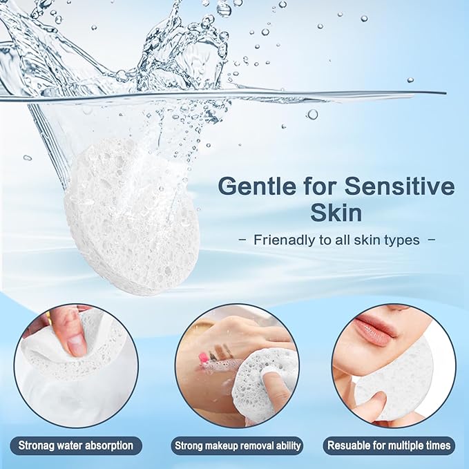 60-Count Compressed Facial Sponges Natural Cellulose - Reusable Professional Face Sponge for Cleansing, Exfoliating & Makeup Removal, Gentle Spa Skincare Tools for Travel Home Bath (White)