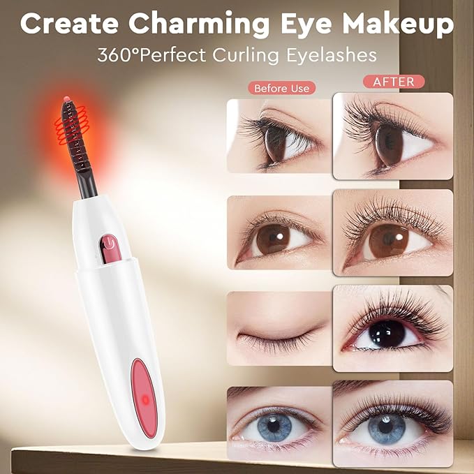 Heated Eyelash Curler, Electric Eyelash Curler for Fast Heat up Within 10s - 24 Hours Long Lasting, 2 Temp Settings Makeup Tools Safe & Portable Lash Curler with USB Charging