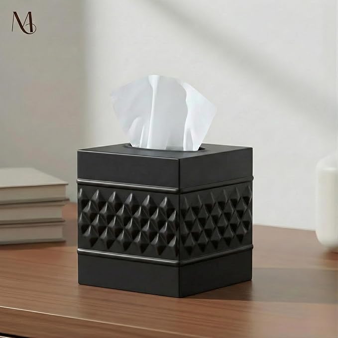 Monarch Abode Tissue Box Cover Square – Handcrafted Geo Embossed Black Metal Tissue Holder Box for Bathroom Accessory, Aesthetic Decorative Facial Napkin Cube for Modern Home Décor