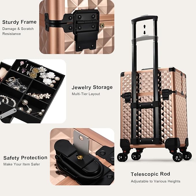 Stagiant Rolling Makeup Train Case Large Storage Cosmetic Trolley 4 Tray with Sliding Rail Removable Middle Layer with Key Swivel Wheels Salon Barber Case Traveling Cart Trunk