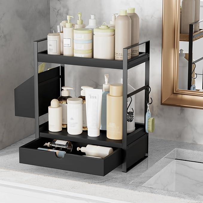 Kottwca Bathroom Counter Organizer with Drawer, 2-Tier Wood Countertop Organizer for Storage, Vanity Skincare Organizers, Bathroom Sink Shelf for Organization (Black)