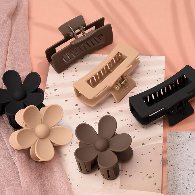 6 Pack Large Claw Clips for Women, Square & Flower Hair Clips for Thick Hair, Matte Neutral Colors