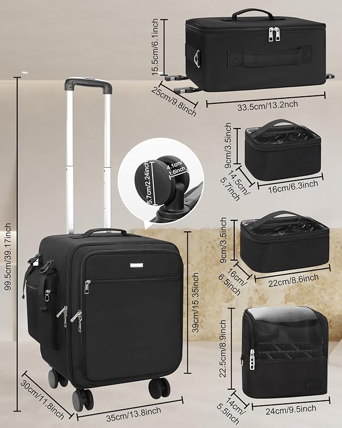 Relavel Rolling Makeup Case Professional Makeup Train Case, Rolling Makeup Kit Bag Makeup Artist Travel Bag with Wheels, 4-in-1 Portable Travel Beauty Trolley Case for Cosmetology Storage(Black)