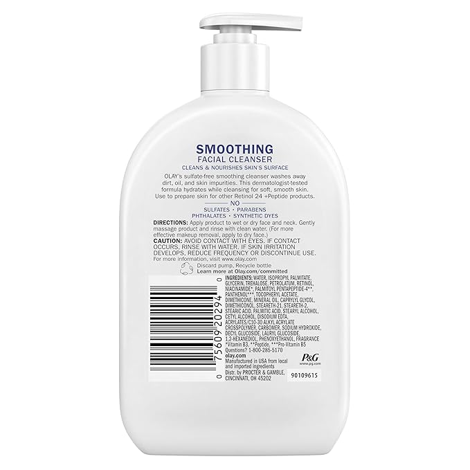 Olay Face Wash, Daily Facial Cleanser with Retinol, Peptides & Glycerin - Smoothing, Noursihes Skin Surface, Hydrates while Cleansing - Sulfate-Free, Paraben-Free, 16 Oz