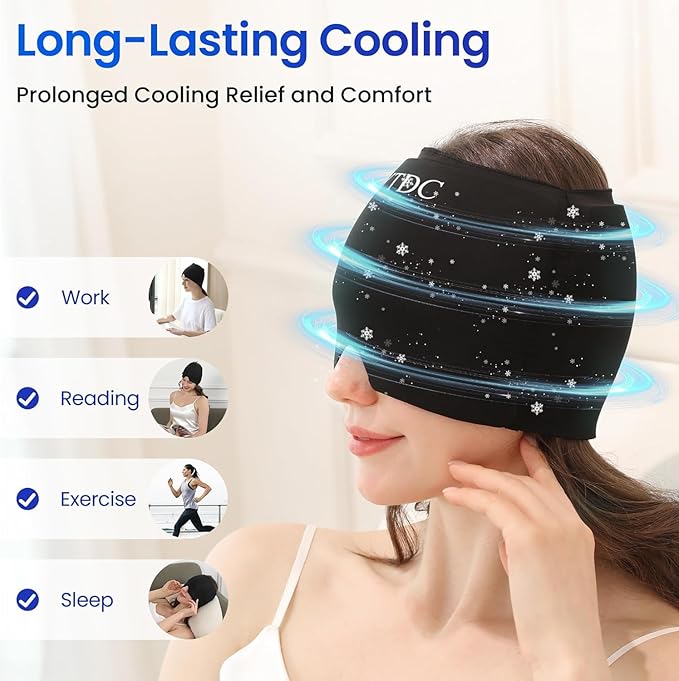 Migraine Relief Cap Gel Ice Head Wrap - Hot & Cold Therapy Soothing Headache Hat Ice Pack Mask, Headache Relief Wrap for Tension, Stress, Hangover&Puffy Eyes (Black, 1PC)