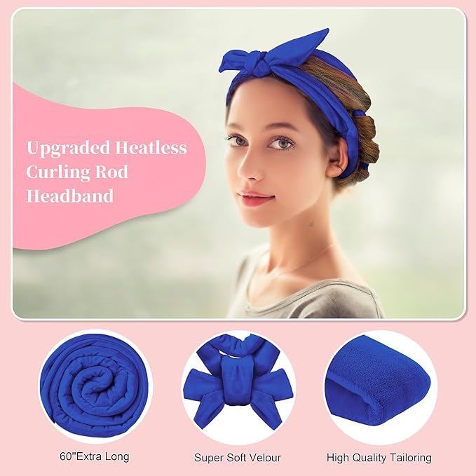 Heatless Curling Rod Headband, Upgraded 60" Extra Long Heatless Curls Soft Hair Curlers to Sleep In, Hair Rollers for No Heat Curls - Deep Blue