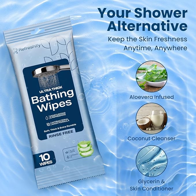 Extra Thick Bath Wipes, Fresh Bathing Wipes | Shower & Bath Alternative | Body Wipe for Adults Bathing No Rinse | Microwavable with Aloe & Vitamin E | 10 Packs - 100 Ct