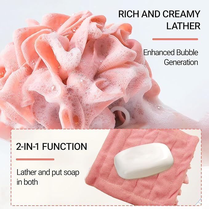 2 PCS Soap Bar Loofah, 2 in 1 Loofah Washcloth Combo, Bath Sponge with Drawstring, That Holds Bar Soap,for Cleansing and Smooth Skin (Pink, Green)