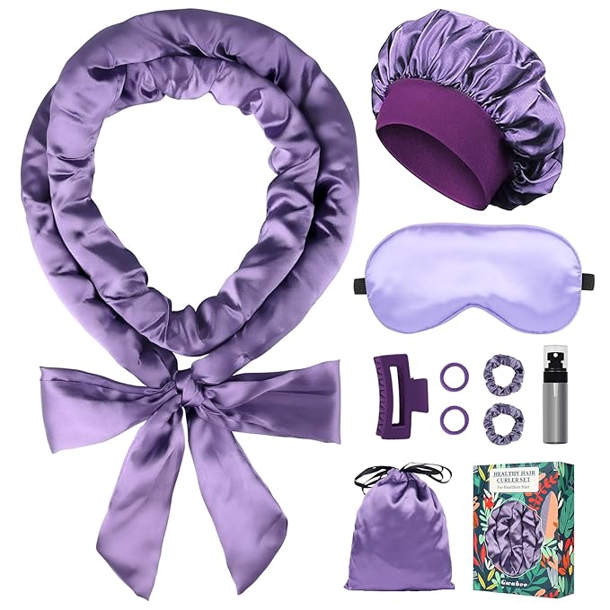 Satin Heatless Curls Overnight Hair Curlers to Sleep In Hair Curler Rollers No Heat Hair Wrap for Curls Headband, 70" Satin Heatless Curling Set for Women Long Waves Hair Volume -Purple 10 PCS