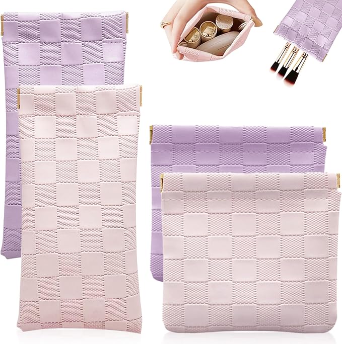 4Pcs Small Makeup Bag for Purse, Mini Checkered Leather Purse Pouches for Purse Small Makeup Pouch Small Coin Purse Organizer Pouches, Portable No Zipper Pocket Cosmetic Bag for Women (Pink, Purple)