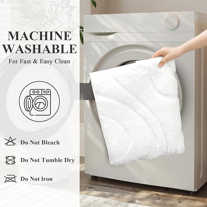 HEBE Bathroom Rugs Sets 5 Piece, Soft Absorbent Microfiber Bath Mat for Bathroom, Non Slip Washable Bath Rug Set with Toilet Cover, Bath Runner and U-Shaped Contour Toilet Rug, White