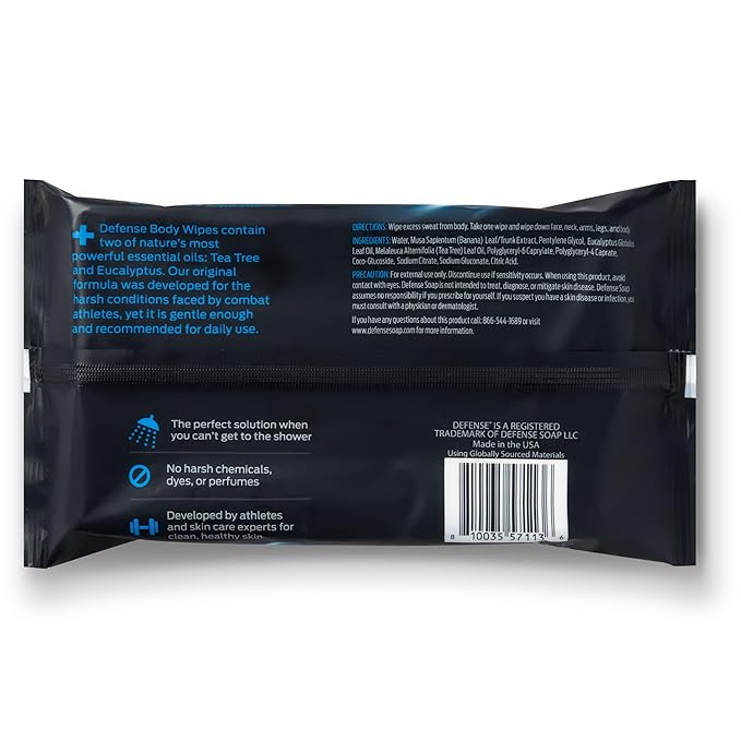 Defense Soap All Natural Body Wipes with Tea Tree Oil | Wrestling, Combat, Camping, Gym, Post Workout Shower Wipes for Men and Women. 40 Count