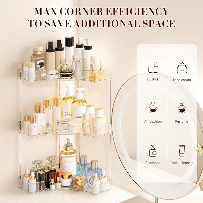3-Tier Corner Bathroom Counter Organizer, Large Makeup Organizer For Vanity, Skincare Perfume Organizers For Women Or Men, Exquisite Corner Shelf For Bathrooms, Kitchens, Or Bedroom, (Clear, 3 Tier)