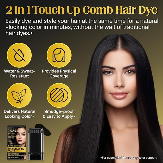 Safe and Convenient Comb Hair Dye | Portable Color Touch-Up Wand | Waterproof and Sweat-Proof | Instantly Covers Gray Roots | Precision Brush for Accurate Coverage | 20g (01# Black)