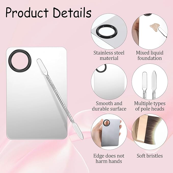 Makeup Mixing Palette, Stainless Steel Cosmetic Makeup Palette with Spatula and Brush Make Up Artist Foundatio Tool for Facial Cosmetic, Nail Art, Pigment Blending