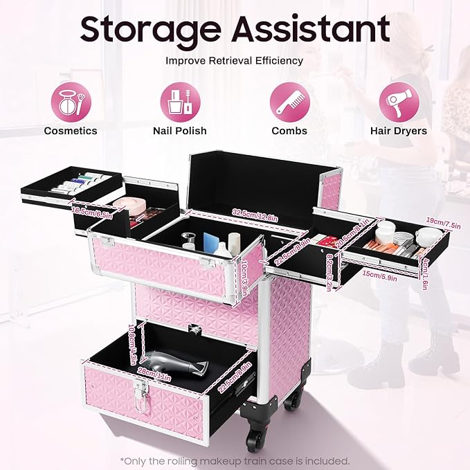 Rolling Makeup Case, Nail Storage Box with Wheels Portable Makeup Trolley for Beauty Studio Hairdressers Nail Technician (Pink)