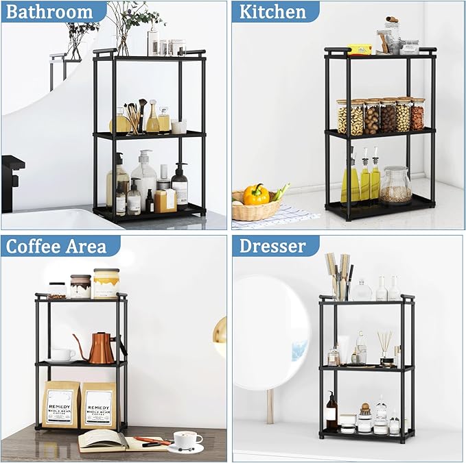 3 Tier Bathroom Organizer Countertop, Stainless Steel Perfume Tray and Vanity Countertop Shelf, Makeup Skin Care Bathroom Organizers and Storage for Dresser, Kitchen (Matte Black)