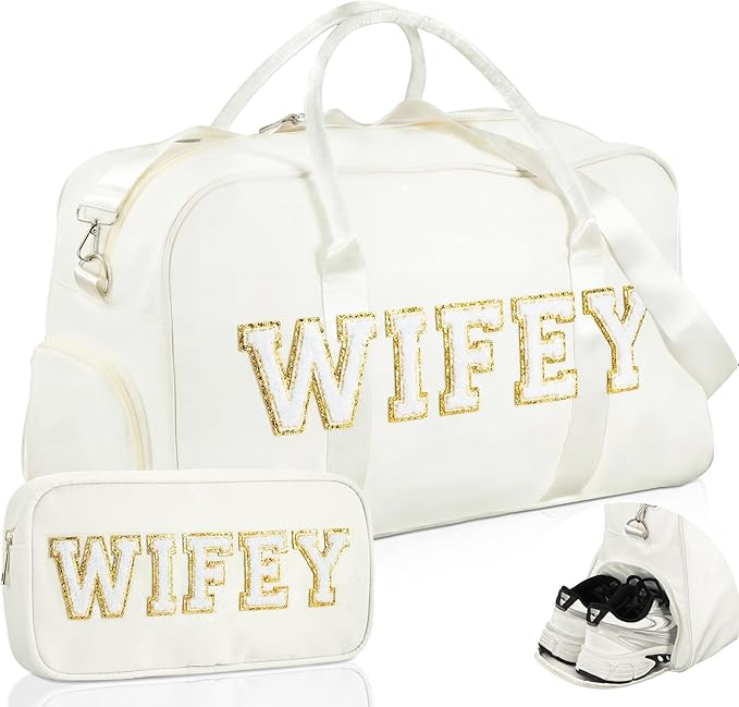 2 Pcs Wedding Weekender Bag Bride Groom Duffle Bag Chenille Letter Patch Travel for Bridal Shower Honeymoon Gift(Wifey,White)