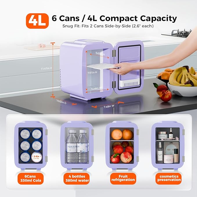 Mini Fridge, 4 Liter/6 Can Mini Makeup Fridge, 110V AC/ 12V DC Portable Thermoelectric Cooler&Warmer for Skincare, Drink, Cosmetic, Medicine, Small fridge for Bedroom, Office, Dorm, Car, Purple