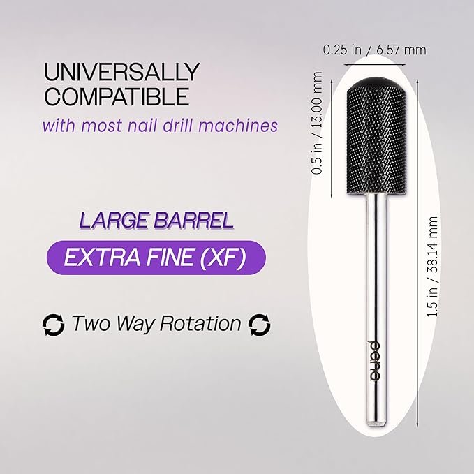PANA 3/32" Large Smooth Round Top Safety Carbide Nail Drill Bit for Gel Polish & Acrylic Removal Nail Salon Manicure Pedicure Electric File Tools (Large Barrel - DLC Black, Extra Fine)
