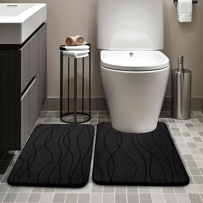 YIHOUSE Memory Foam Black Bathroom Rug Sets 2 Piece, Ultra Absorbent Bath Mat for Bathroom - Non-Slip Machine Washable & Dry Quickly, 2 Piece Bathroom Mat Set, Black