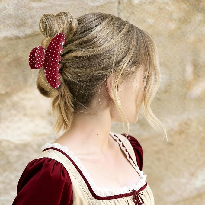 2 Pack Medium Hair Clips for Women, Strong Hold Recycled Plastic Claw Clips for Thick Hair Polka Dot | Great for Updo Half Up Hairstyle | Ideal Gifts for Women - Red and Beige Holiday Gift