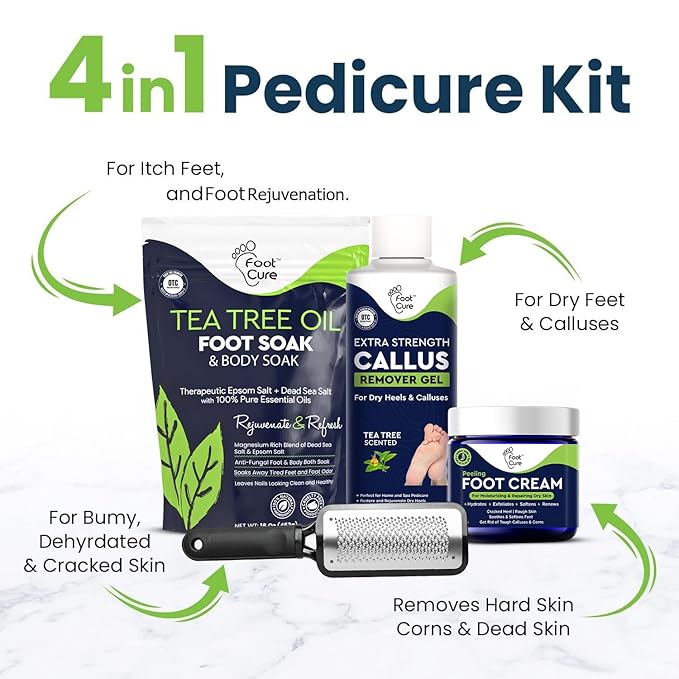 FOOT CURE Exfoliator & Callus Remover Pedicure Set – Care Kit Includes File for Dead Skin, Tea Tree Oil Soak Salts, Urea Cream 40 Percent Removal Gel Made in USA, Ivory, 4 Piece