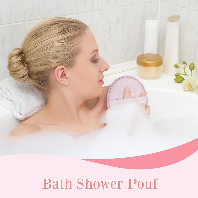 Boao 3 Pcs Bath Shower Pouf Sponge Mesh Pouf Shower Ball Exfoliating Body Sponge Pad Scrubber Glove with Flower Bath Ball (Purple)